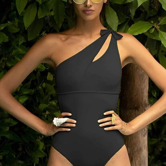 Becca by Rebecca Virtue BLACK Sadie One Shoulder One Piece Swimsuit L New